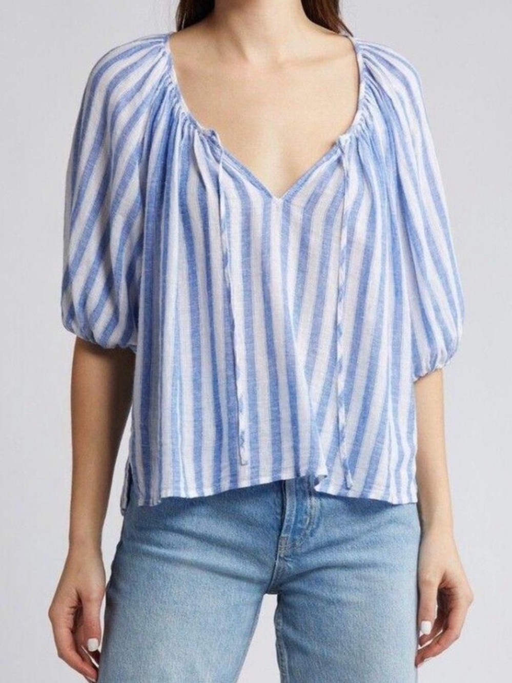 Rails Kirstie Casablanca Stripe Linen Blend Peasant Blouse Blue White Size Small